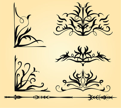 Vector set of black calligraphic ornaments on a soft cream background: decorative corner flourishes, swirling line scrolls and vertical dividers with elegant curls and leaf-like details. Art nouveau