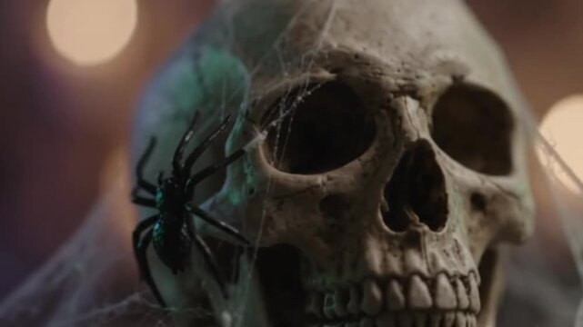 Cinematic Macro of Spooky Halloween Skull Decoration with Spiderwebs