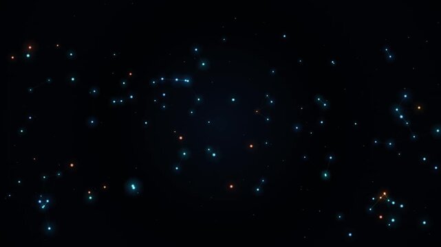 Digital network nodes connected by glowing lines forming complex data structure against black background creating immersive high tech cyber security or global communication visualization concept art