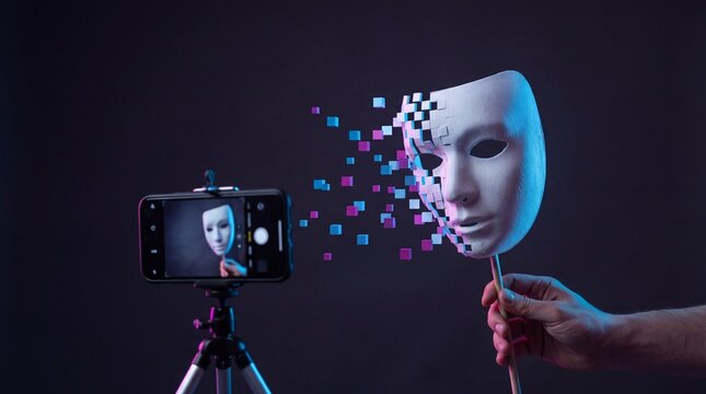 Mask breaking into pixels before phone camera, deepfake concept