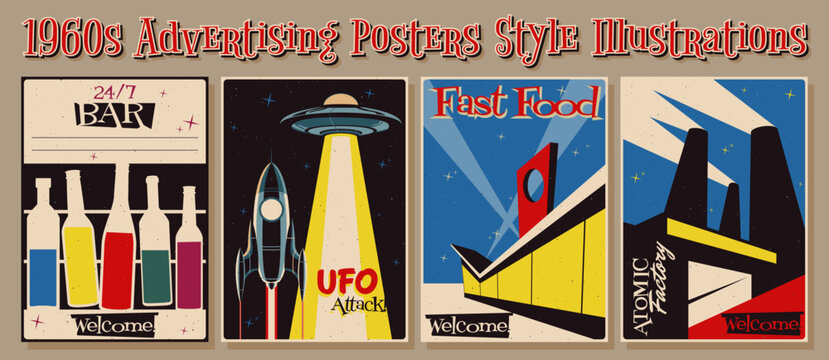 Bar Bottles, Flying Saucer and Space Rocket, Fast Food Restaurant, Plant. 1950s Advertising Posters Atomic Age Style Illustrations. Mid Century Modern Designs, Vintage Colors, Abstract Backgrounds