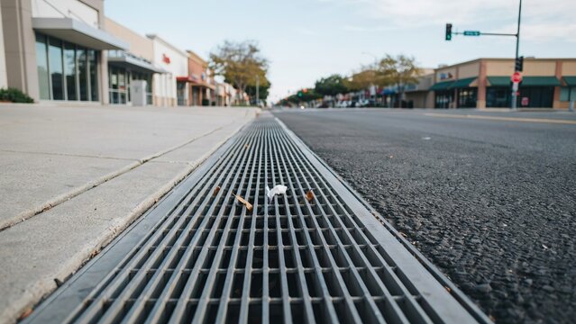 Metal storm drain grate along a suburban street curb