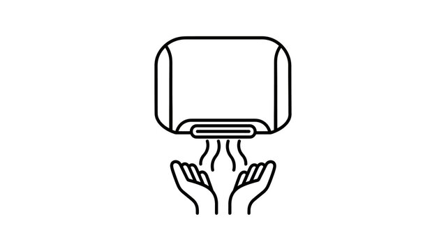 Automatic hand dryer line icon showing hot air blowing on wet hands.