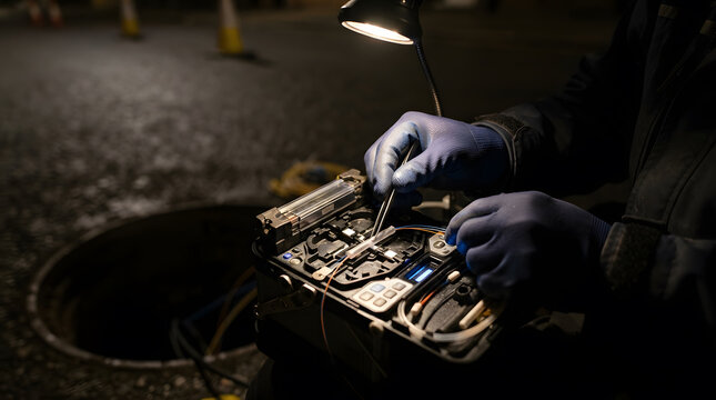 Professional telecommunication technician wearing protective blue gloves carefully splicing fiber optic cables using advanced fusion splicer machine during nighttime street repair work outdoors