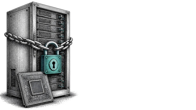Vintage engraving style illustration of a cloud server rack with padlock and microchip using ink hatching on white background