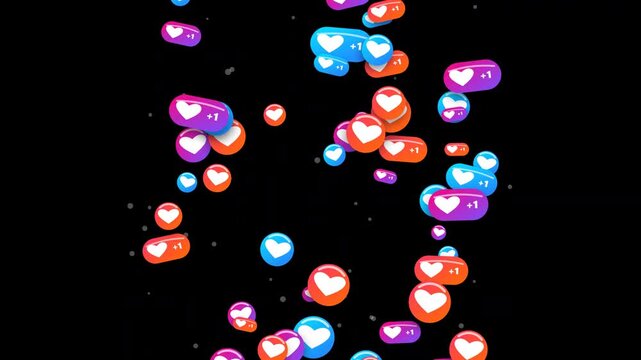 social media like heart icons floating in notification bubbles over dark background for digital marketing stream