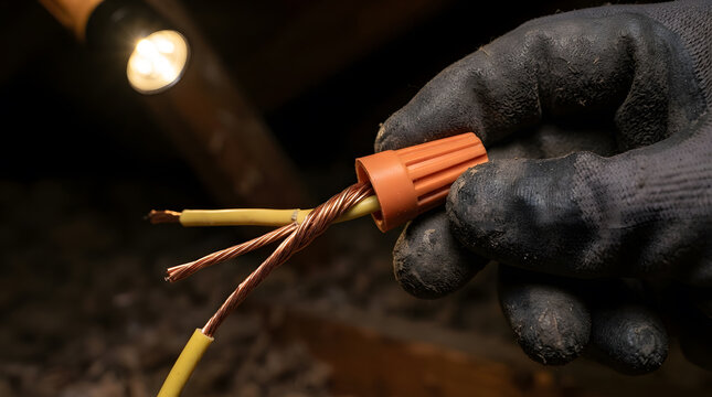 Electrician hands wearing protective work gloves twisting an orange wire connector nut onto stripped copper electrical cables in a dark attic space illuminated by flashlight beam, professional work
