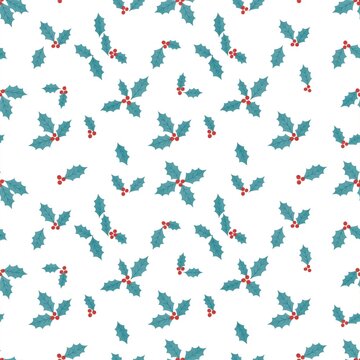Seamless white Christmas Pattern with Holly Leaves and Red Berries, A seamless repeating pattern of holly leaves and red berries scattered across a white background, flat botanical illustration