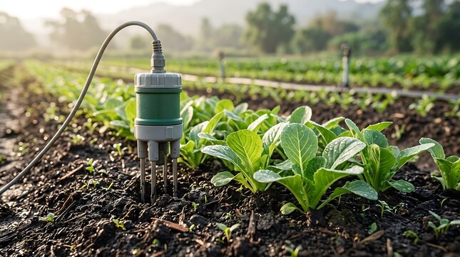 Soil moisture sensor monitoring young vegetable crops in a farm field