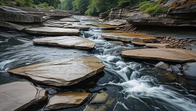 Cascading stream flowing over rock terraces in a green gorge