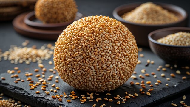 Sesame coated snack ball on a dark slate surface