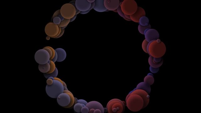 Background of spheres in circle. Abstract ring of colorful glowing circles forming a circular frame on a black background with soft depth and illumination.