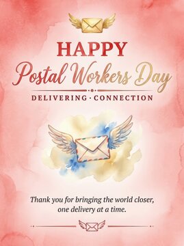 Happy Postal Workers Day Greeting Card with Envelope and Wings Illustration