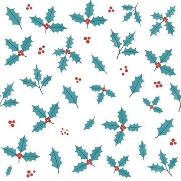 Seamless white Christmas Pattern with Holly Leaves and Red Berries, A seamless repeating pattern of holly leaves and red berries scattered across a white background, flat botanical illustration