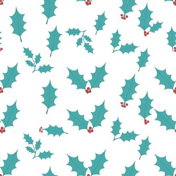 Seamless white Christmas Pattern with Holly Leaves and Red Berries, A seamless repeating pattern of holly leaves and red berries scattered across a white background, flat botanical illustration