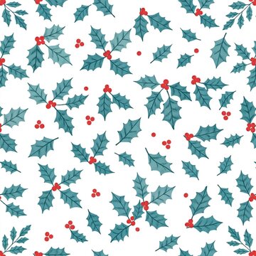 Seamless white Christmas Pattern with Holly Leaves and Red Berries, A seamless repeating pattern of holly leaves and red berries scattered across a white background, flat botanical illustration