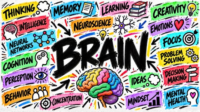 Brain Power Unlocked: A vibrant illustration depicting the human brain as the epicenter of thought, learning, creativity, and mental well-being.