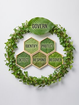 Concept of NIST cybersecurity framework 2.0 represented by green leaves with words govern, identify, protect, detect, respond, and recover in a circular wreath on white background