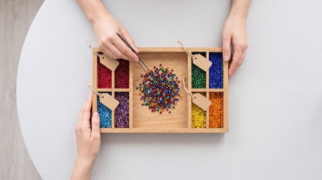 Hands sorting colored beads into labeled trays, data labeling concept