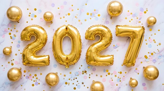 Shiny golden foil numbers forming two thousand twenty seven are surrounded by many festive golden sphere decorations on a clean white backdrop