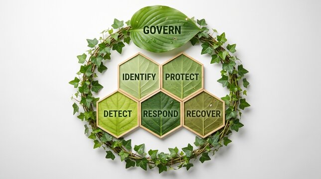 NIST Cybersecurity Framework 2.0 six core functions concept represented by green leaves with words govern, identify, protect, detect, respond, and recover on white background