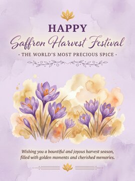 Happy Saffron Harvest Festival Greeting Card with Watercolor Crocus Flowers