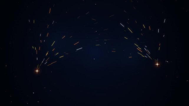 Two bright glowing sparks with trails of light flying in opposite directions against a dark night sky background