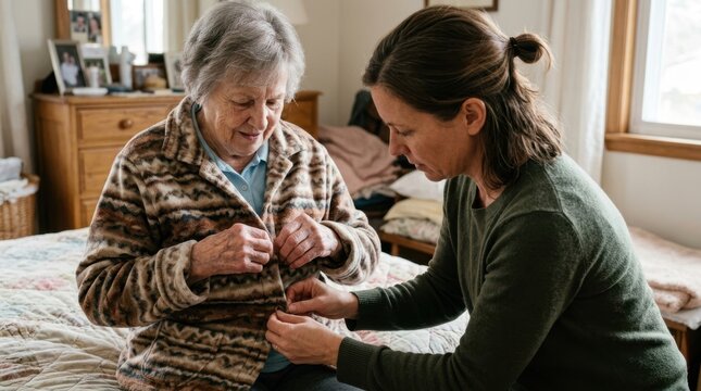 Caregiver helping an elderly woman button her cardigan in a bedroom. Loss of independence concept