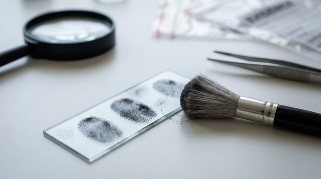 Fingerprint powder and brush on glass surface for forensic investigation. Crime scene evidence analysis