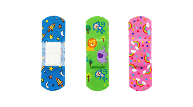 Decorative adhesive bandages for children feature space animals and rainbow patterns for wound first aid.