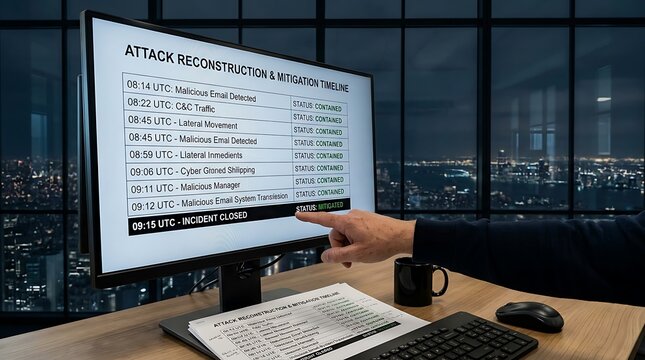 A cybersecurity professional reviews an attack reconstruction and mitigation timeline on a computer screen, showing an incident has been contained and closed.