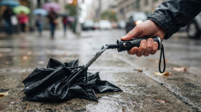 Person holding broken black umbrella on wet city street during rainy day. Damaged rainy accessory