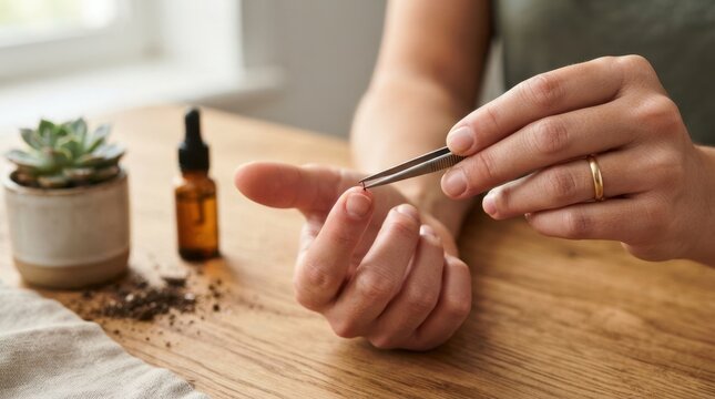 Person pulling thorn from finger with tweezers. First aid for small splinter wound at home