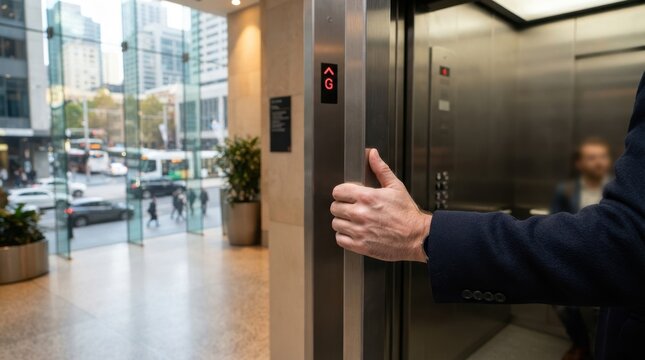 Person holding elevator door open in modern corporate building lobby. Business office entrance
