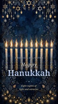Hanukkah menorah with eight lit candles and Star of David.