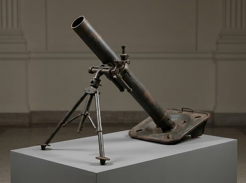 Antique military mortar weapon on display stand