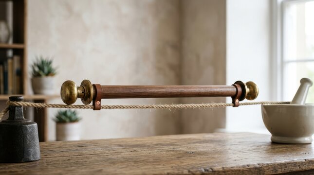 Slack rope walker balancing arms on wooden table. Conceptual balance metaphor