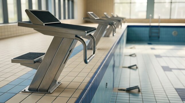 Starting blocks at an empty indoor swimming pool. Competitive sports facility starting platforms