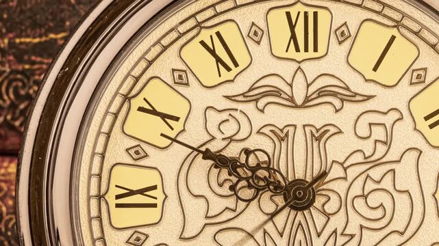 Close up cinematic view of vintage pocket watch face with roman numerals and ornate hands moving in seamless time lapse motion.