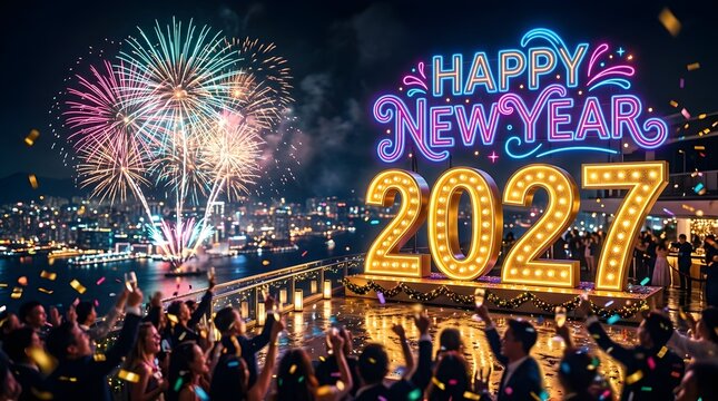 A spectacular new years eve celebration features vibrant fireworks illuminating a massive crowd and brilliant golden two thousand twenty seven numbers