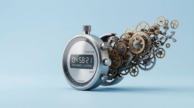 Conceptual Digital Stopwatch Deconstructed with Mechanical Internal Gear Components on a Minimalist Light Blue Studio Background