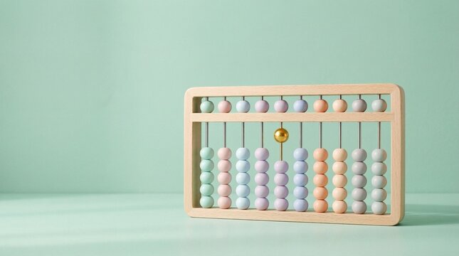 Minimalist wooden abacus with pastel beads and a singular gold accent symbolizing creative innovation and strategic thinking in mathematical education