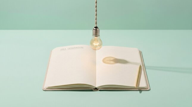 Inspiring light bulb illuminates an empty notebook, suggesting the birth of new ideas, creative development, and thoughtful planning