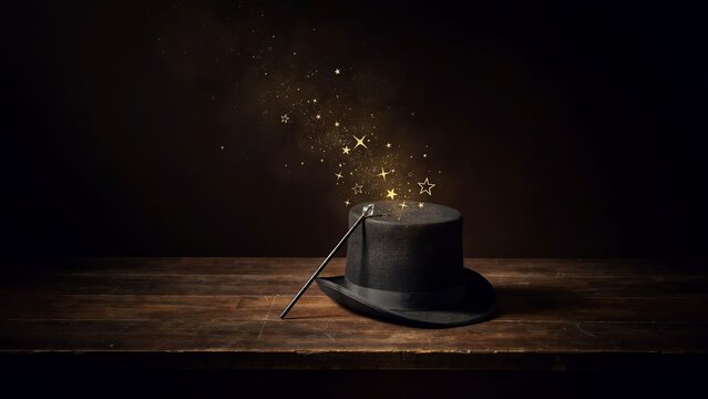 Black hat and magic wand with glowing gold stars on wooden table