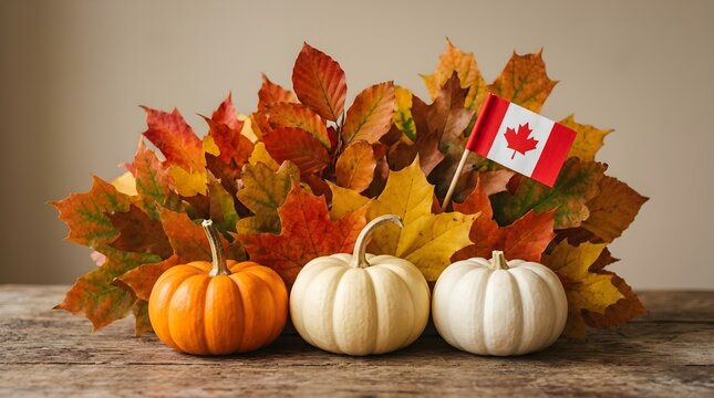A beautiful autumnal still life arrangement with pumpkins vibrant colorful fall leaves and a canadian flag representing thanksgiving festivities and gratitude