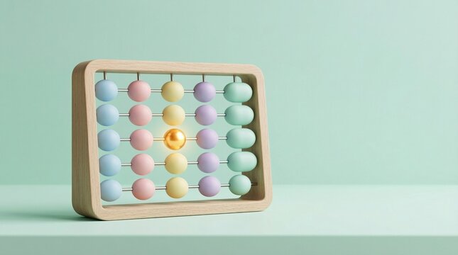 Pastel wooden abacus with glowing golden bead on mint green background representing unique financial idea innovation and leadership
