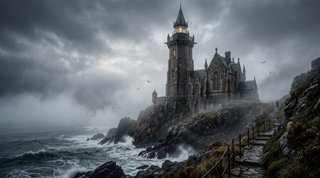 A haunting gothic lighthouse castle perched on a desolate, mist-covered cliffside overlooking a turbulent, stormy sea under dark, ominous rain clouds.