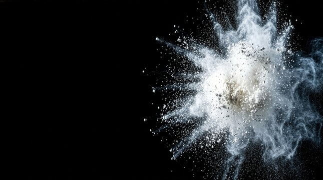 White Powder Explosion on Black Background with Dramatic Particle Splash