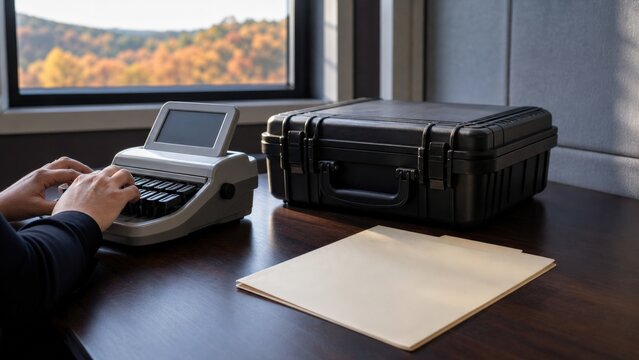 Court Reporter Stenography - Hands operate the stenotype keys for remote testimony workstation