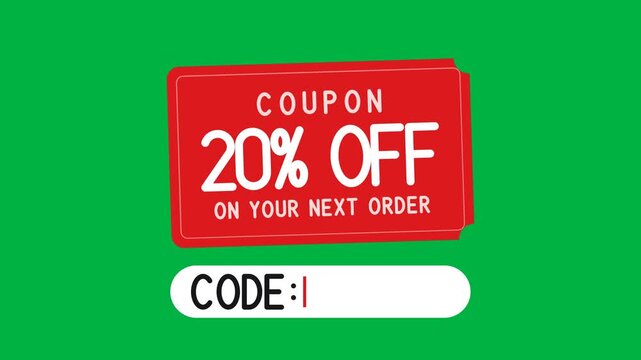Red 20 percent off coupon is cut along a dashed line, the black stub falls away and a voucher code is typed below on a green screen